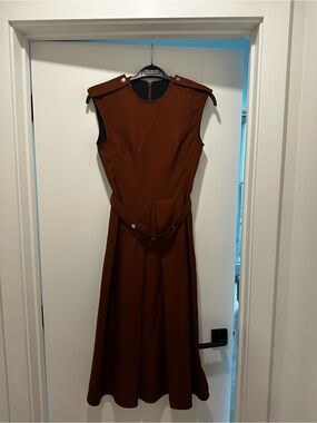 Victoria Beckham Sleeveless Chestnut Midi Dress with Belt Detail